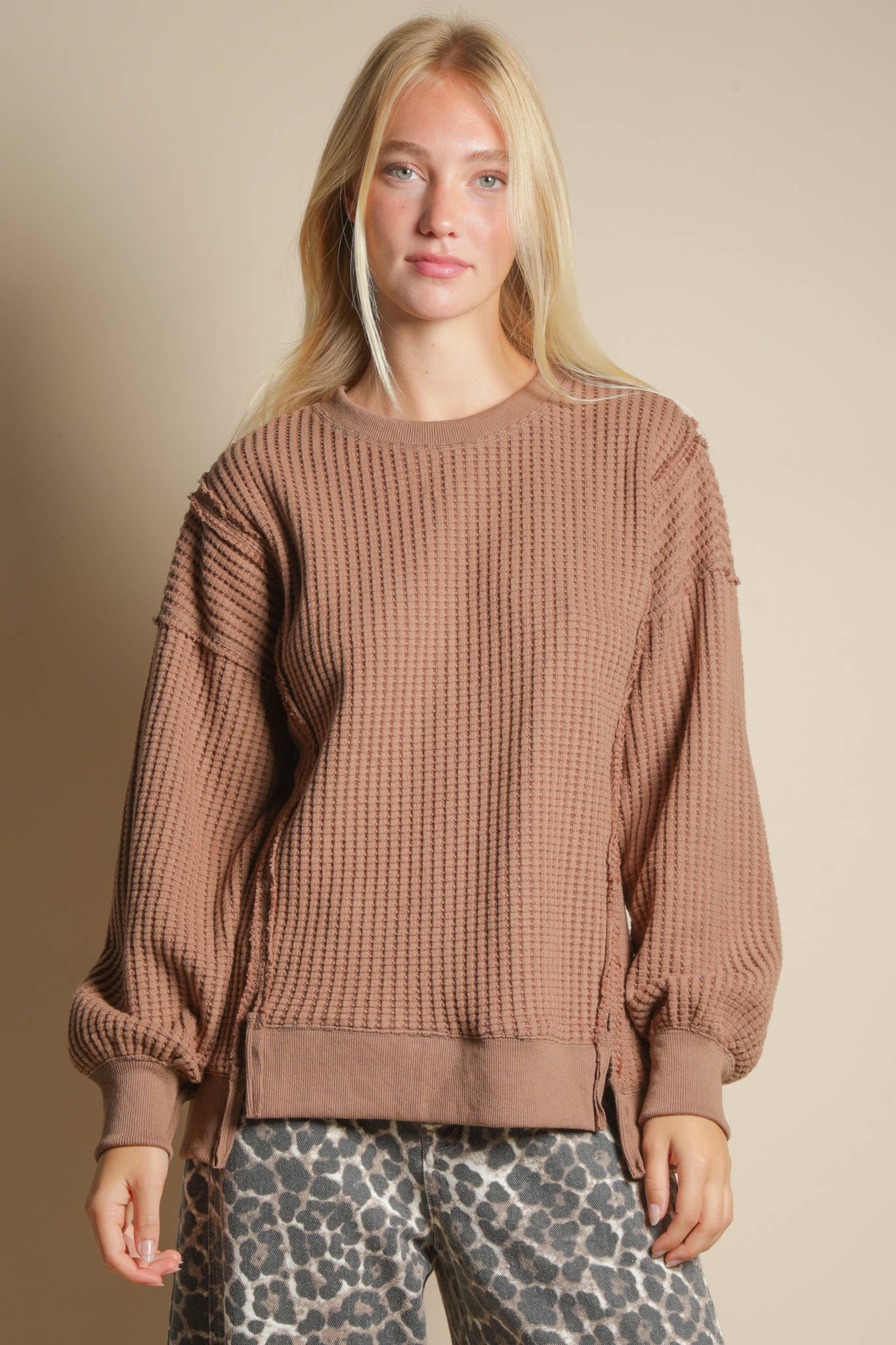 Oversized Waffle Knit Casual Top in Mocha