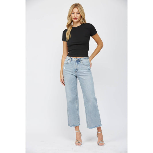 High Rise Wide Leg Ankle Denim in Electric Blue