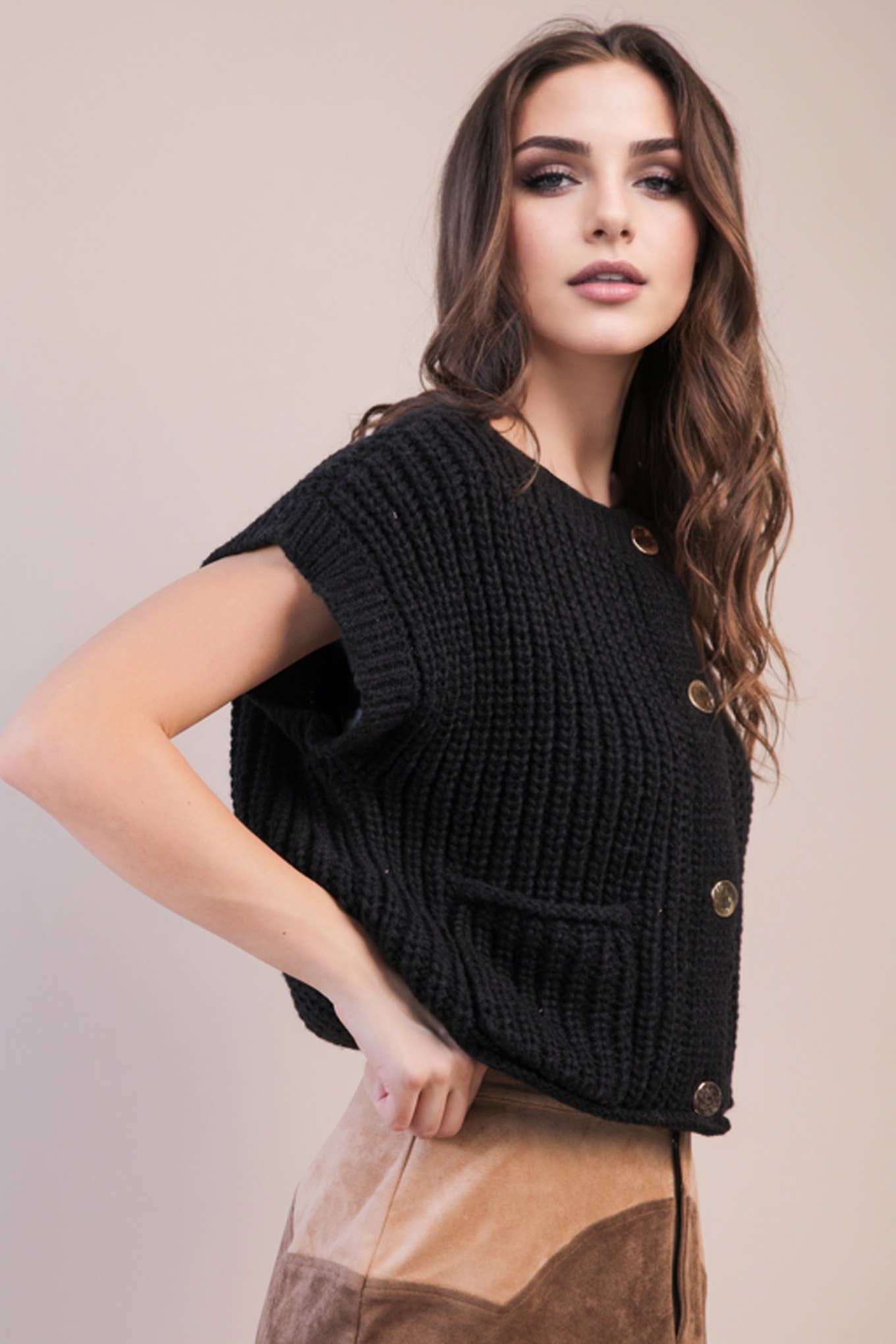 Oversized Button Sweater Top in Black