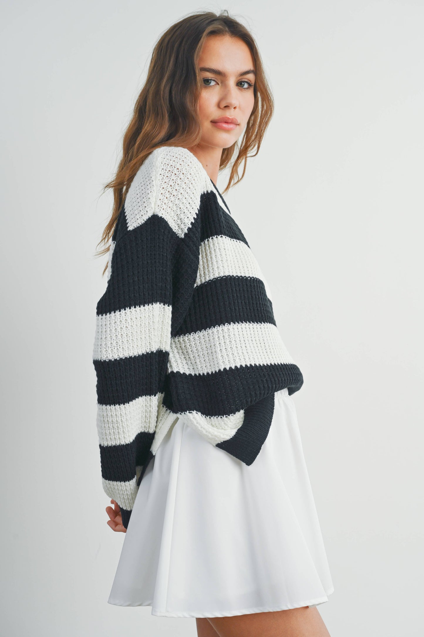 Striped Long Sleeve Sweater in Ivory/Black