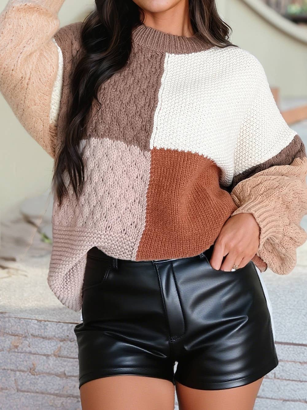 Texture Colorblock Sweater in Coffee