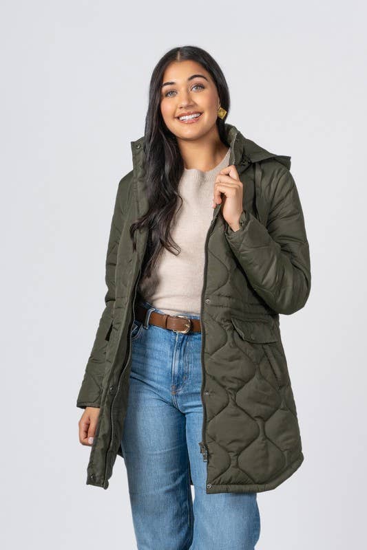 Junior Long Quilted Hooded Coat in Dark Olive