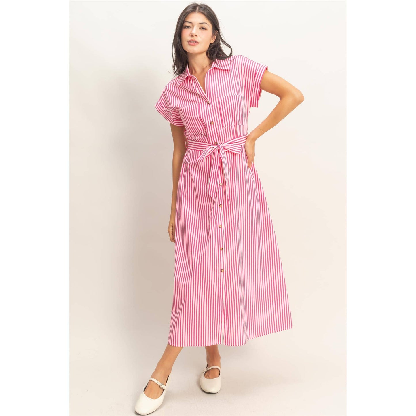 Striped Poplin Belted Dress With Pockets in Pink