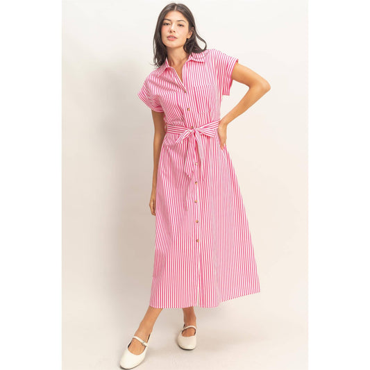 Striped Poplin Belted Dress With Pockets in Pink
