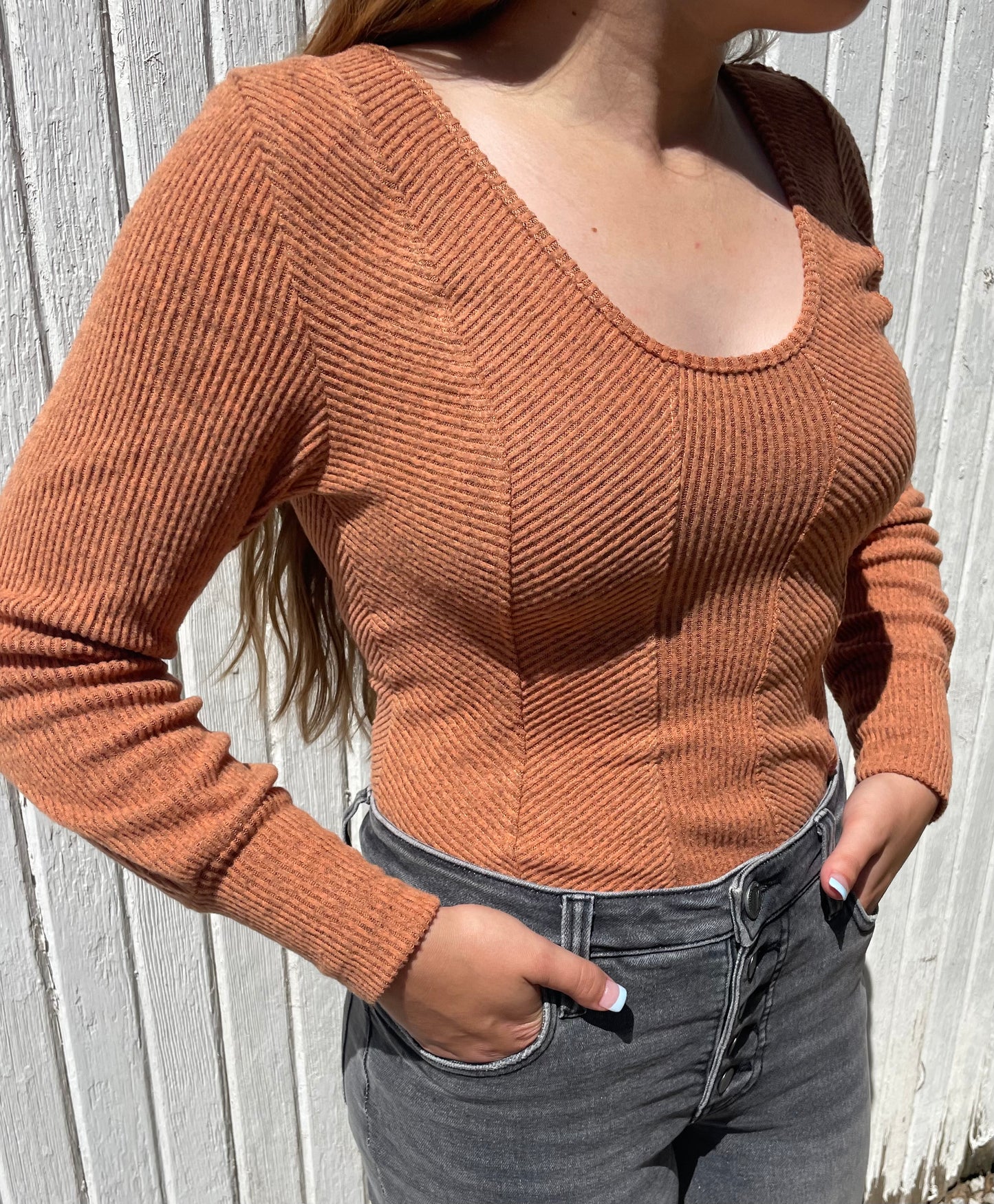 Ribbed Scoop Neck Top in Camel