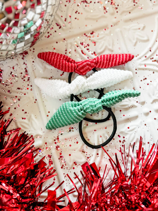 Holiday Bow Ribcord Hair Tie in Green