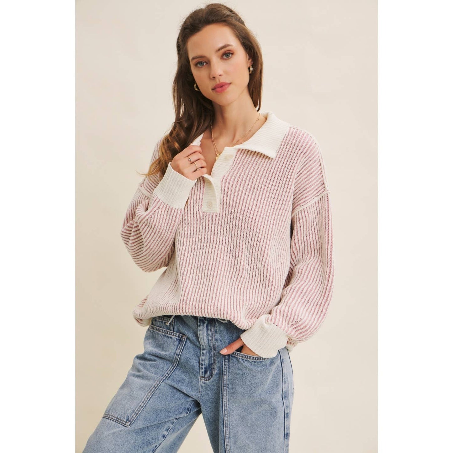 Textured Stripe Henley Sweater in Dusty Pink