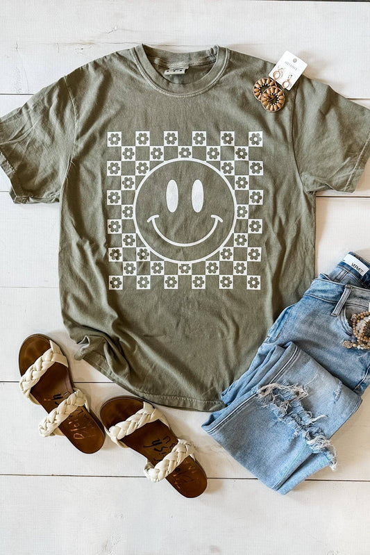 2XL - Graphic - Checkered Flower Happy Face