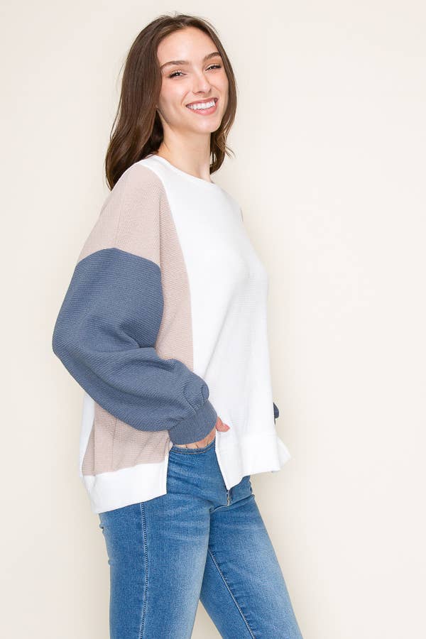 Cloudy Color Block Top in Taupe/Denim