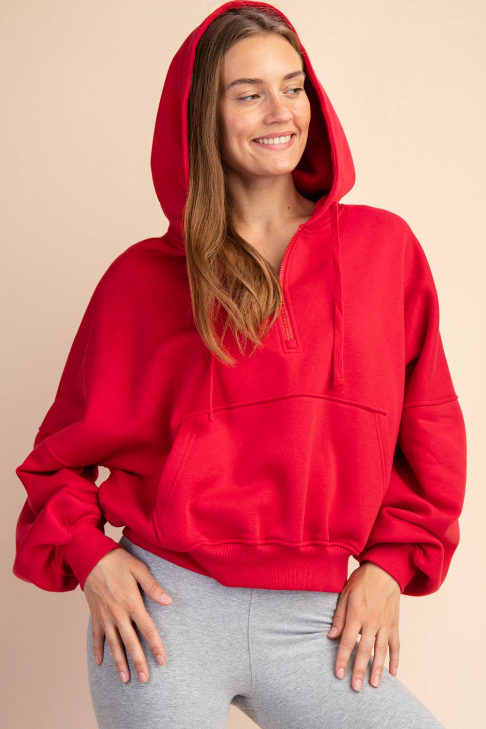 French Terry Fleece Quarter Zip Hoodie in True Red