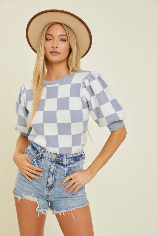 Checkered Puff Sleeve Top in Lavender Grey