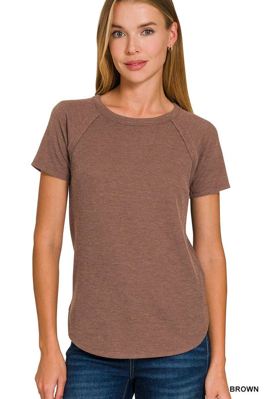 Waffle Short Sleeve Top in Brown