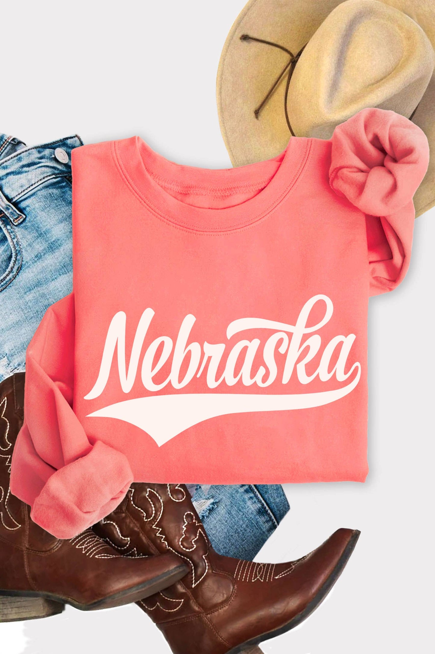 Graphic - Nebraska Puff Print Crew in Coral