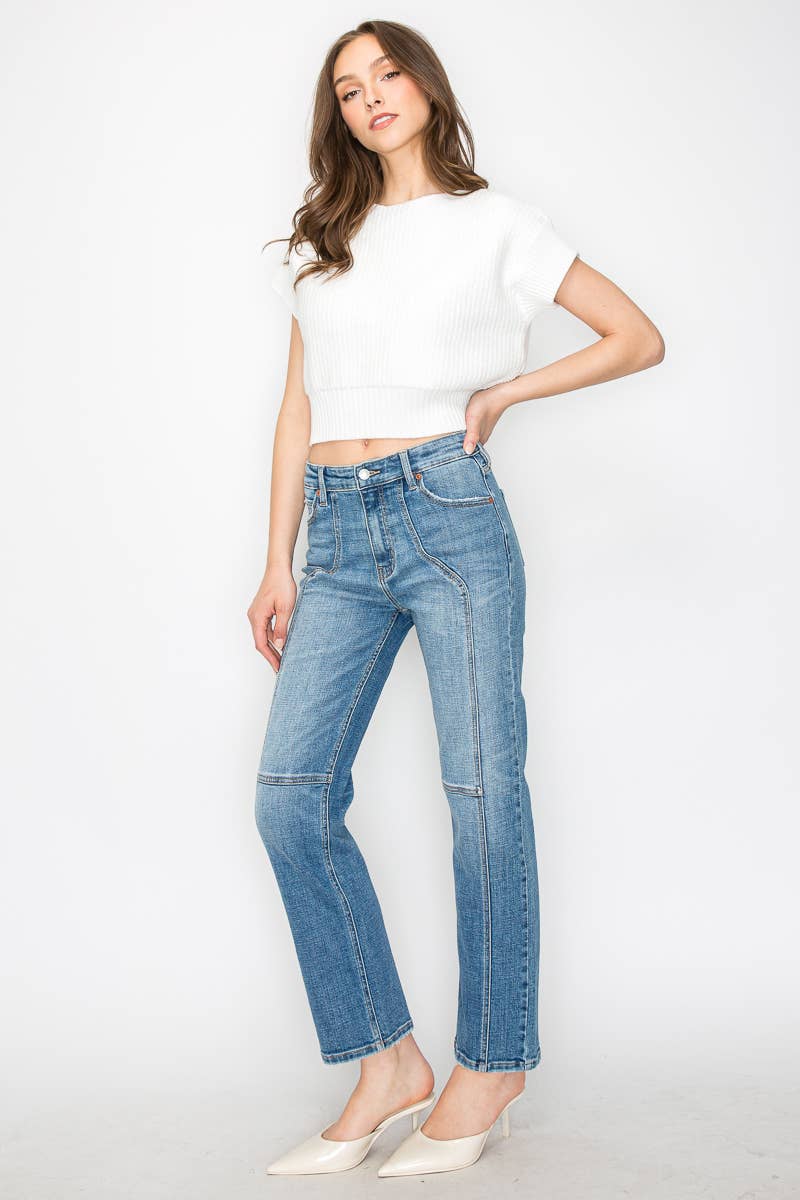 High Rise Straight Leg Denim w/ Detail