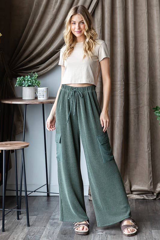 Solid Ribbed Casual Pants in Olive