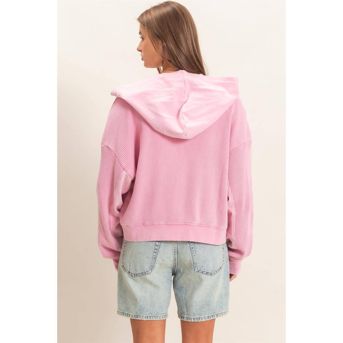Acid Wash Waffle Knit Hoodie in Pink