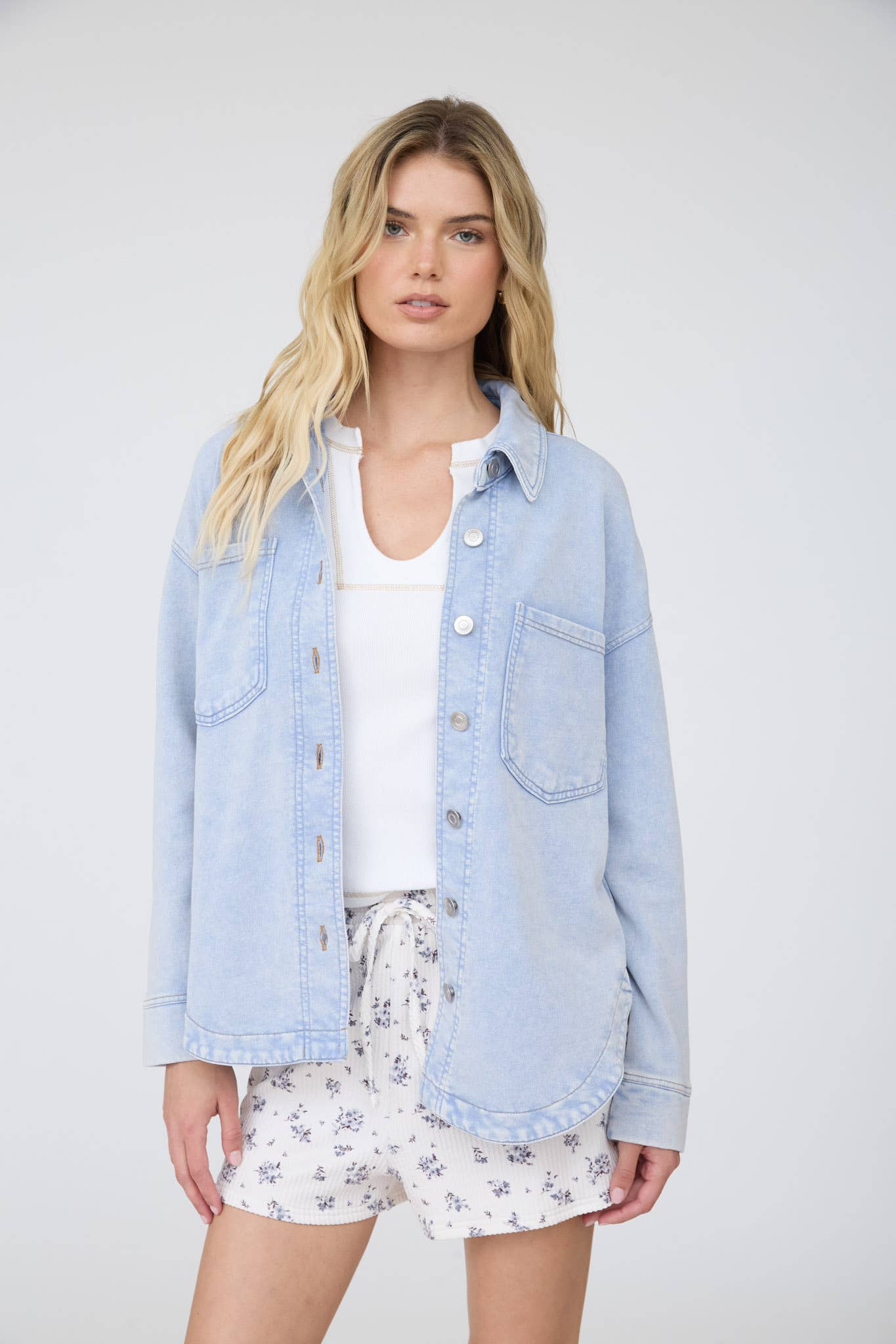 Acid Washed Shacket in Light Blue