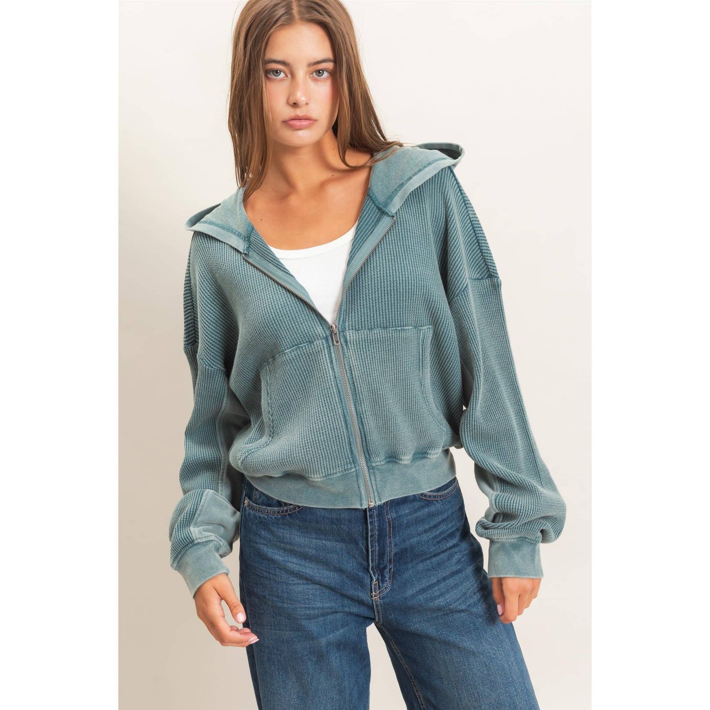 Acid Wash Waffle Knit Hoodie in Teal