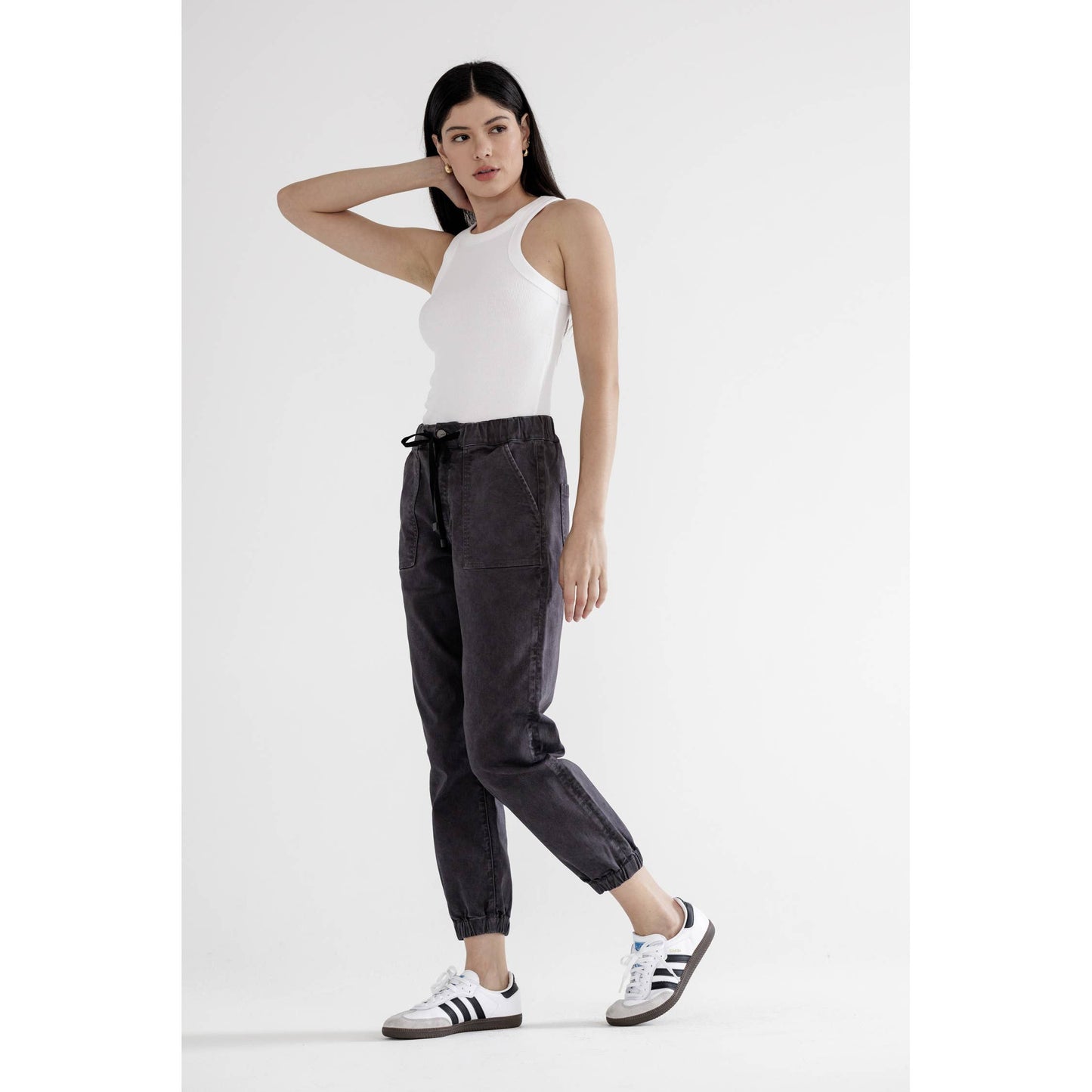 High Rise Cropped Denim Jogger in Charcoal Grey