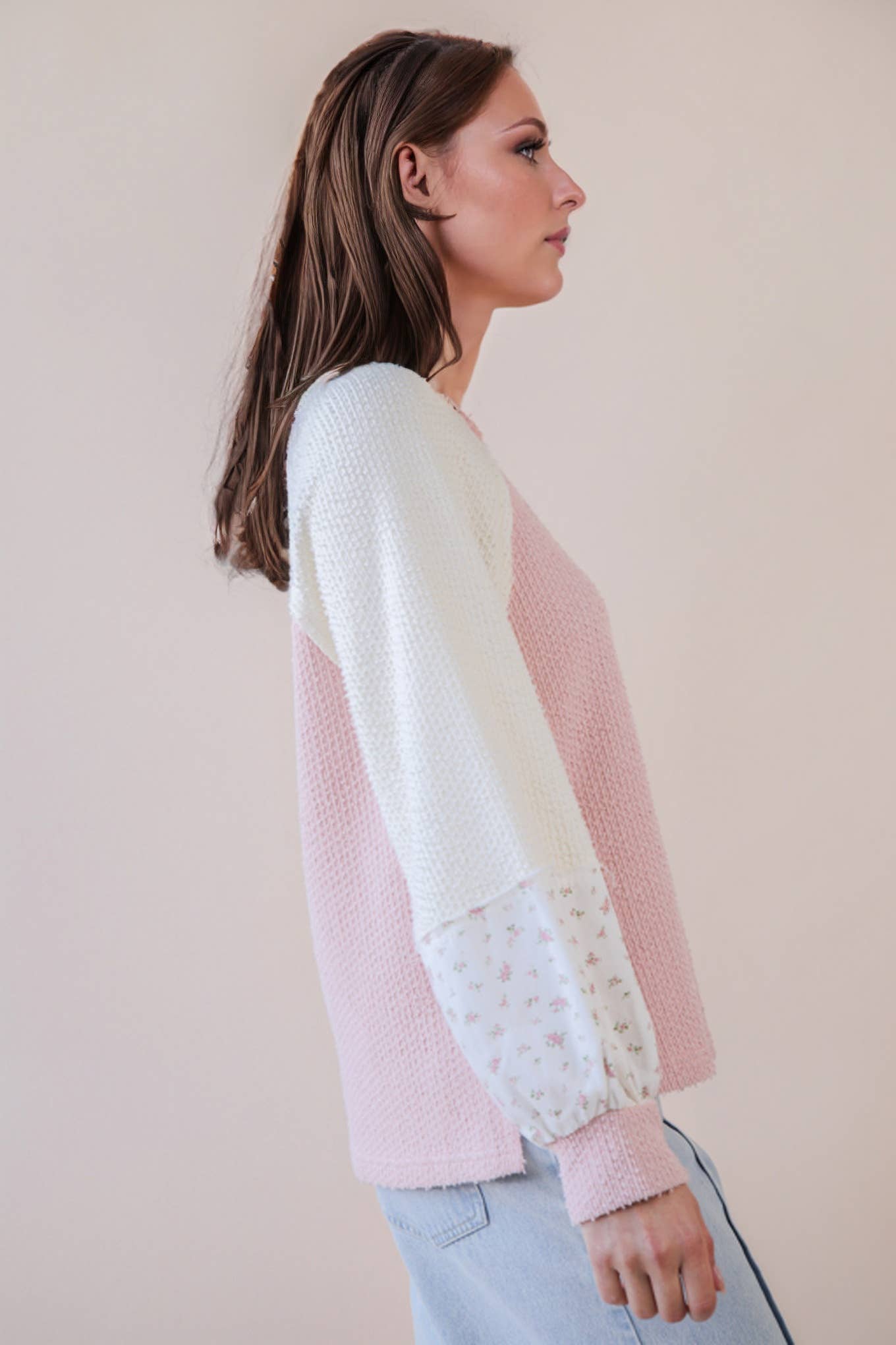 Raglan Color Block Textured Top in Pink