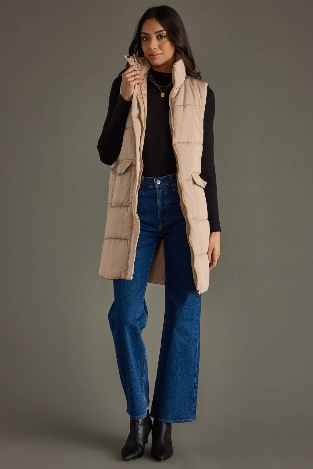 Long Puffer Vest in Tan
