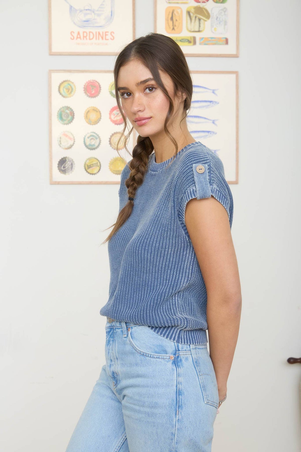 SMALL Acid Washed Button Back Top in Blue