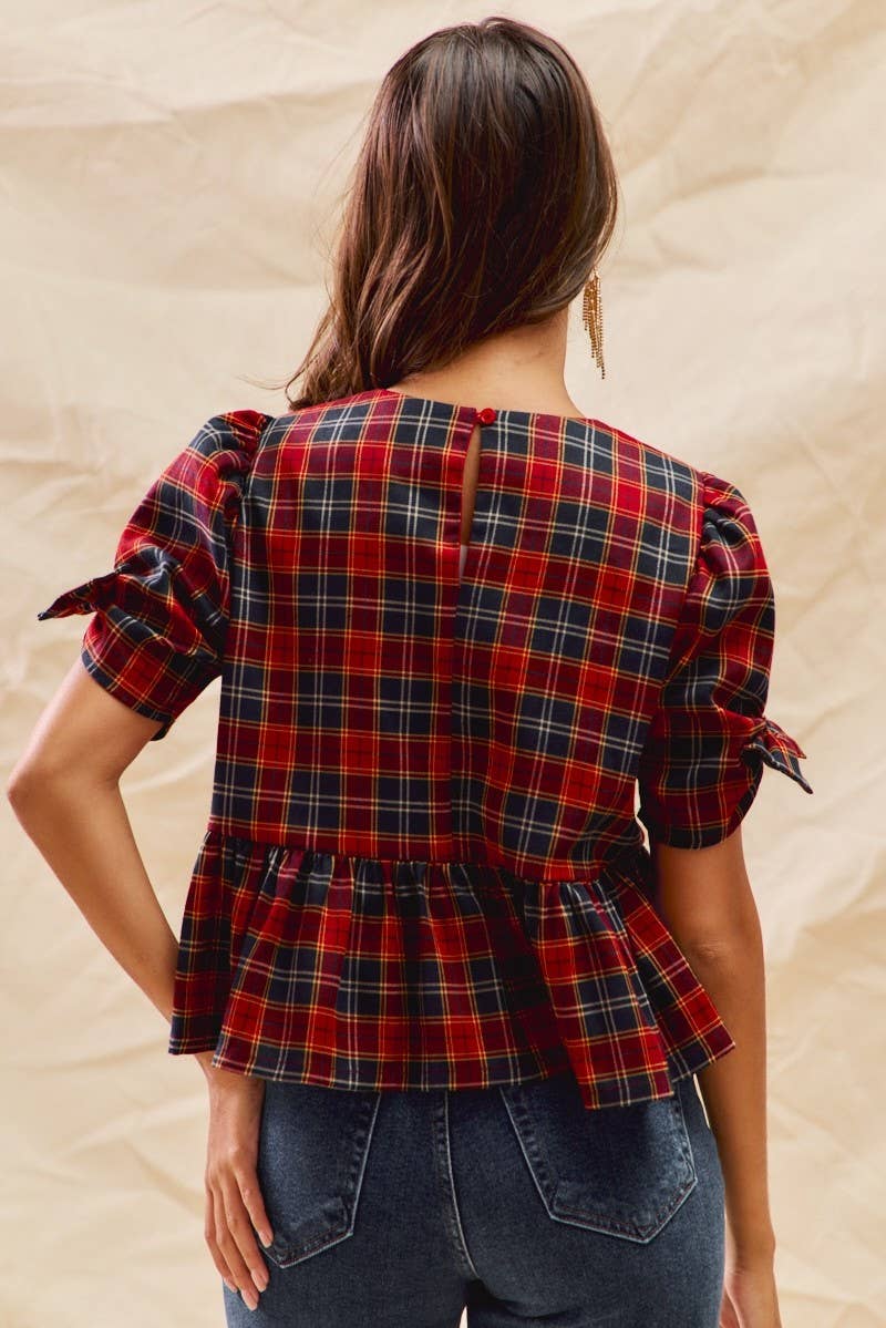 Christmas Plaid Short Sleeve Top in Red