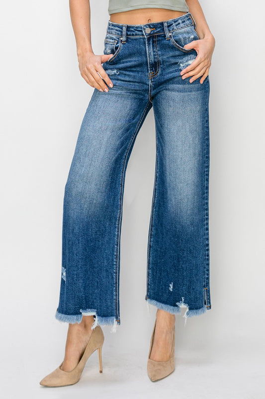 Risen High Rise Wide Leg Denim w/ Frayed Hem