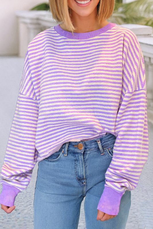 XL - Striped Long Sleeve Drop Shoulder in Purple