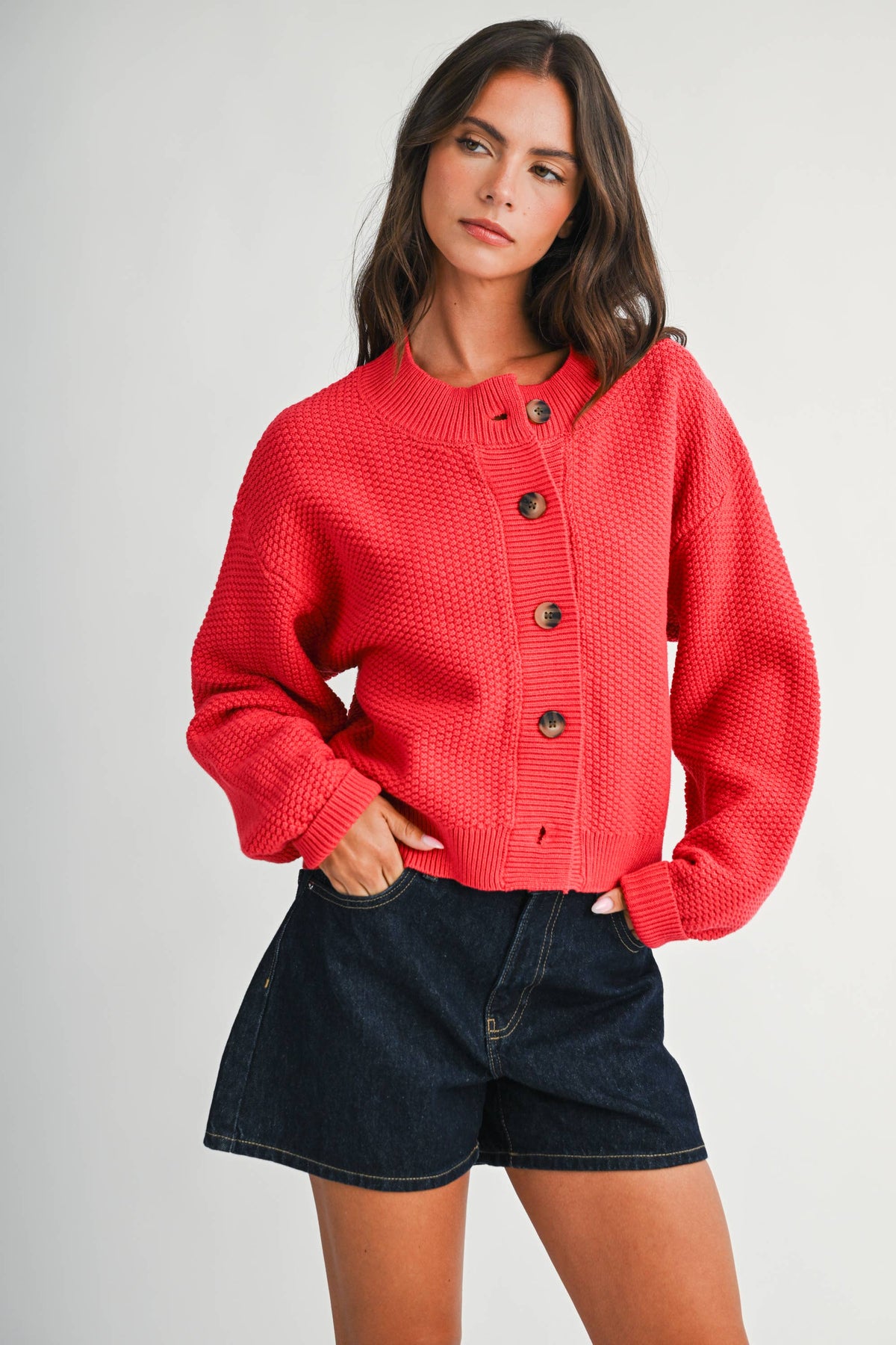 Textured Sweater Cardigan in Coral