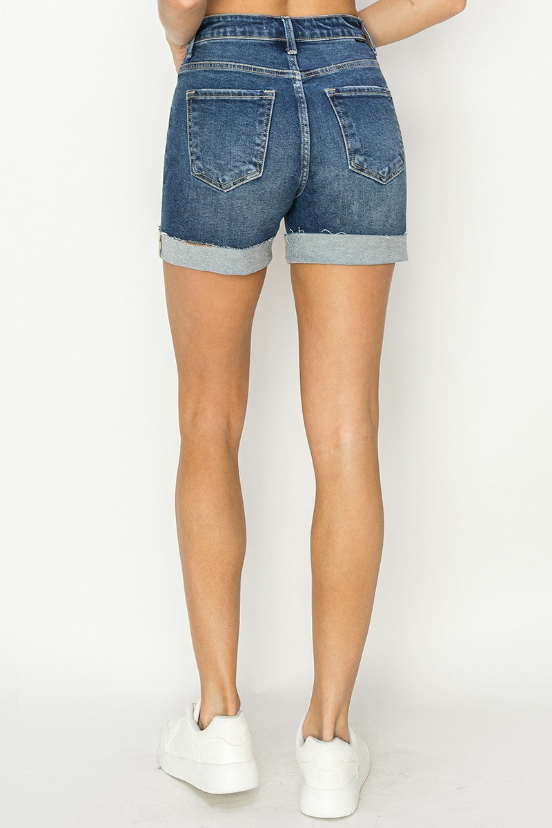 High Rise Cuffed Denim Shorts in Dark Wash