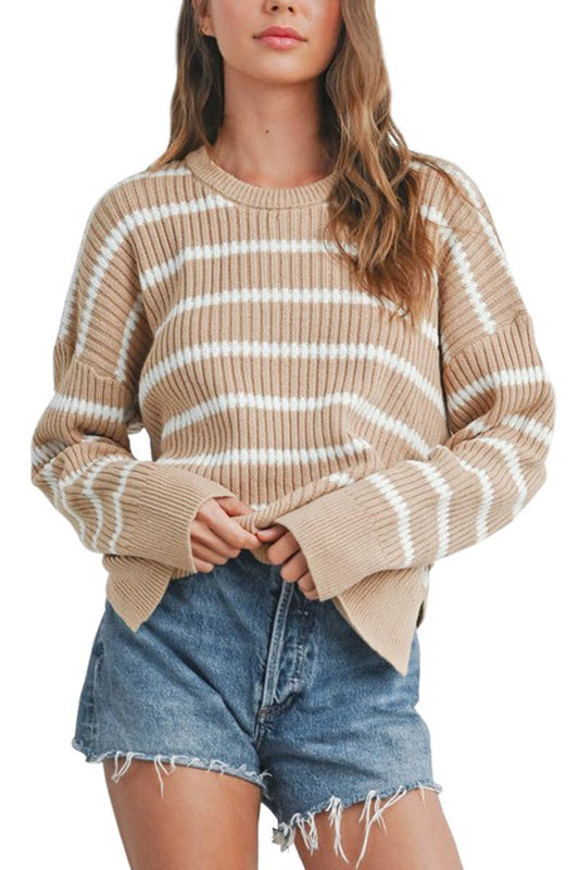 Striped Boat Neck Sweater in Taupe/Ivory