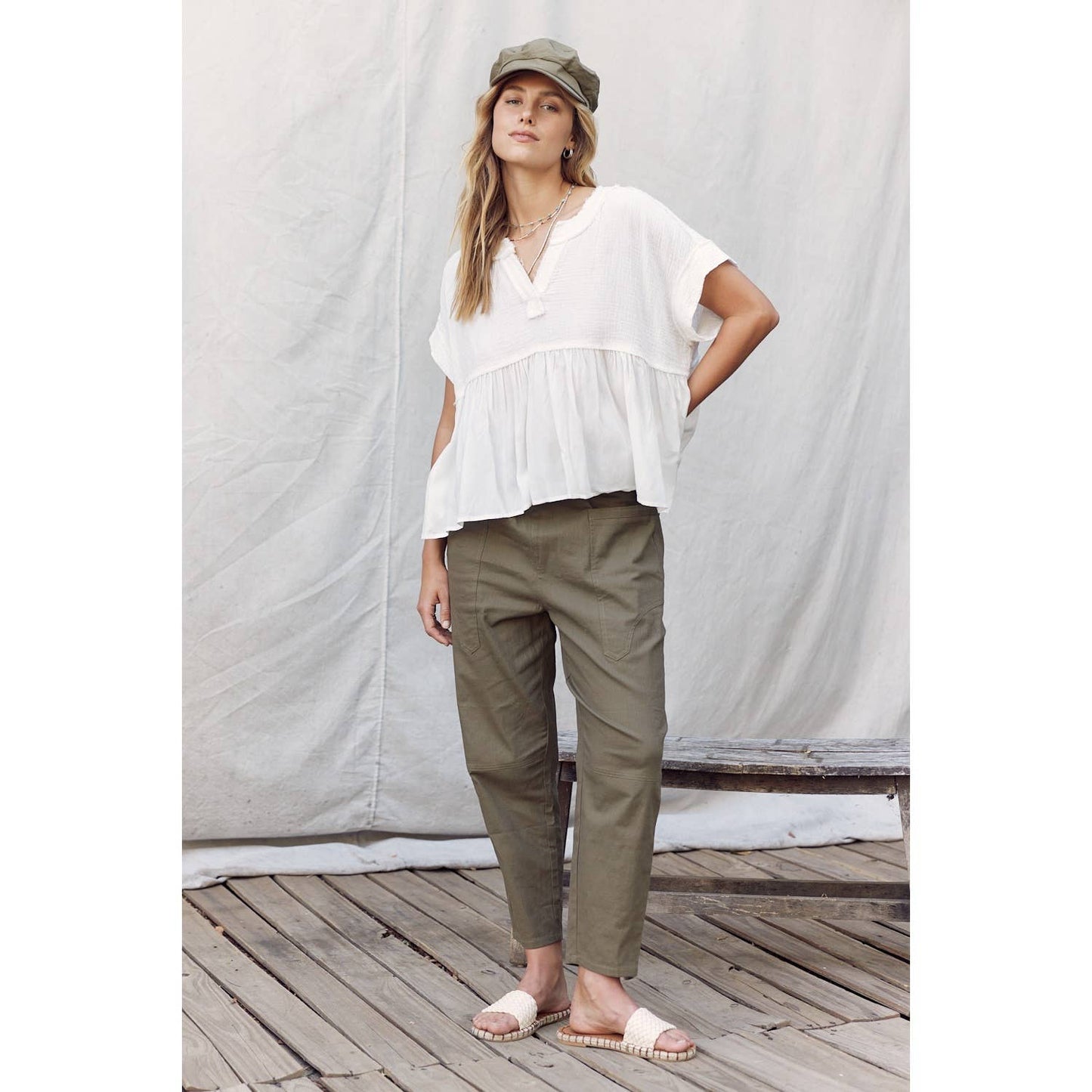 Raw Edge Ruffle Hem Top in Off White