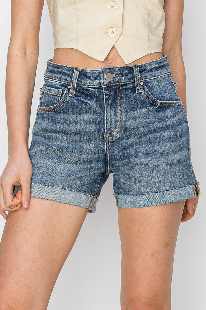 High Rise Cuffed Denim Shorts in Medium Wash