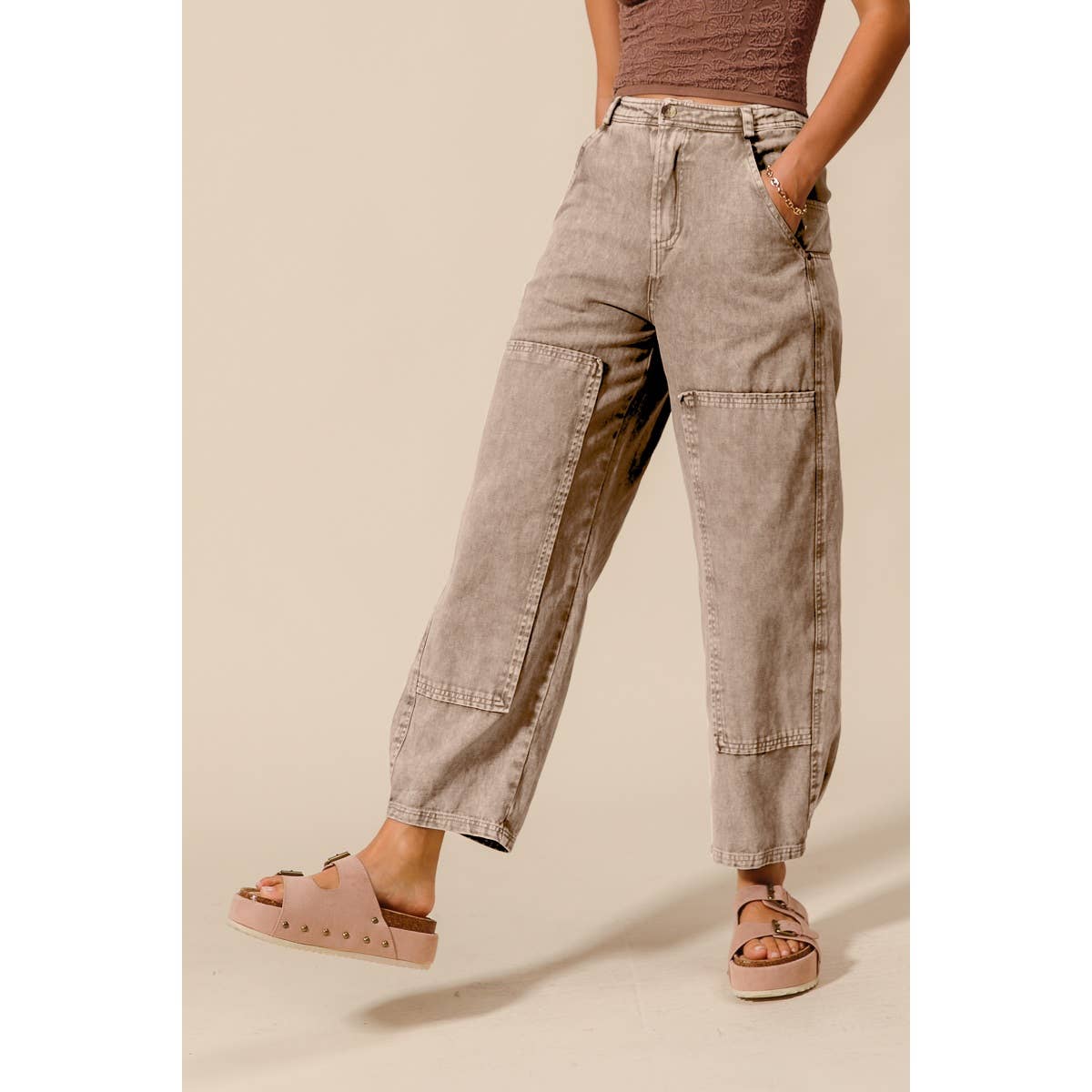 Mineral Wash Mid Rise Barrel Denim in Taupe