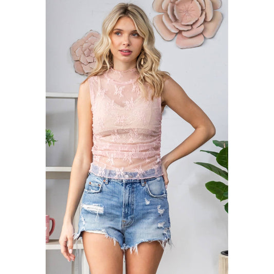 Sleeveless Lace Sheer Top in Pink