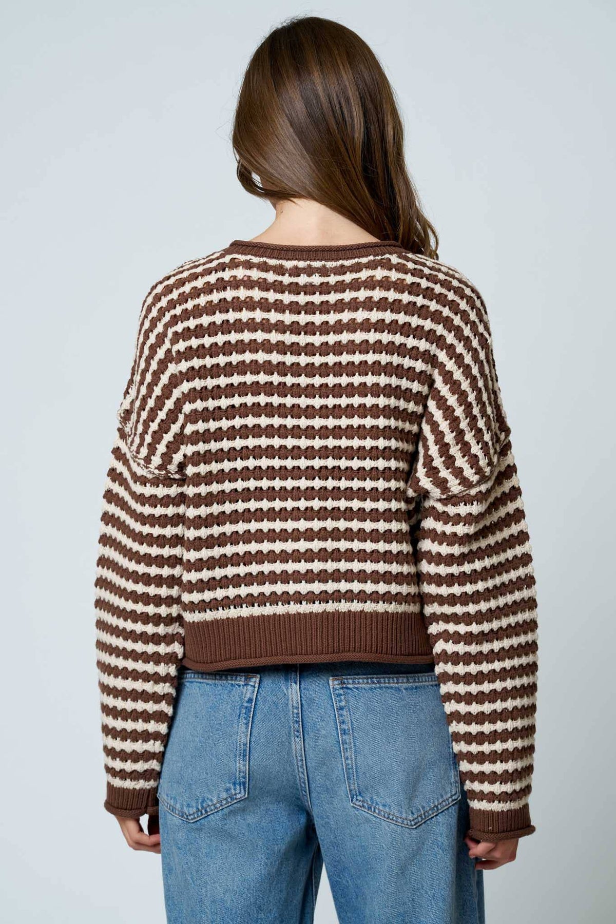 Textured Crochet Button Cardigan in Brown