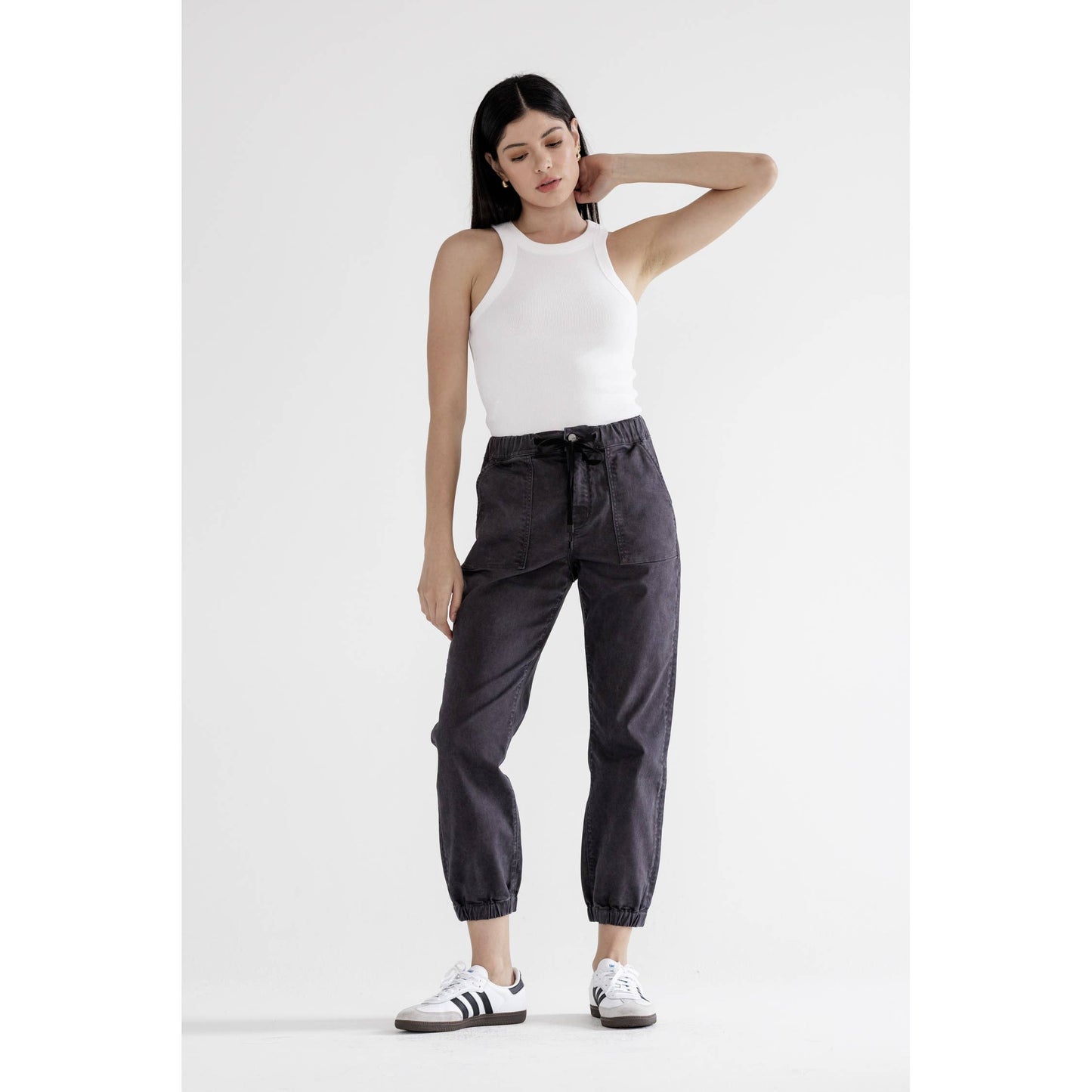 High Rise Cropped Denim Jogger in Charcoal Grey