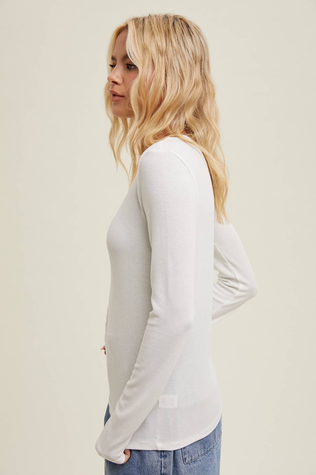 Basic Ribbed Long Sleeve Top in Ivory