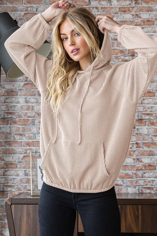 Ribbed Hoodie Top in Taupe