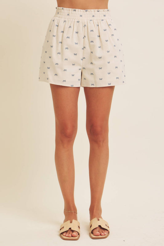 Comfy Linen Shorts w/ Bow Print in Slate Blue