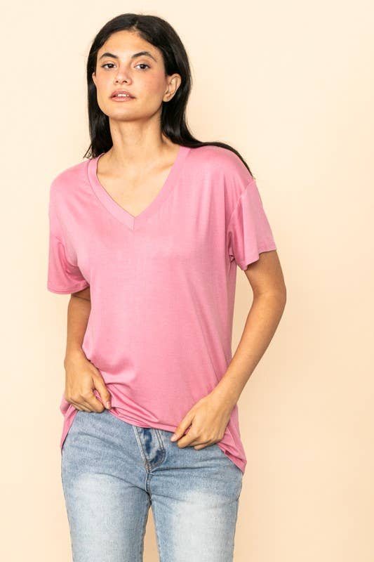 V Neck Soft Touched Basic Tee in Pink
