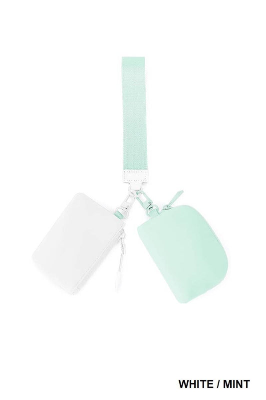 Dual Pouch Wristlet Keychain Wallet in White/Mint