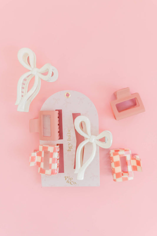 Hair Clip Set - Pink Bow and Checkered
