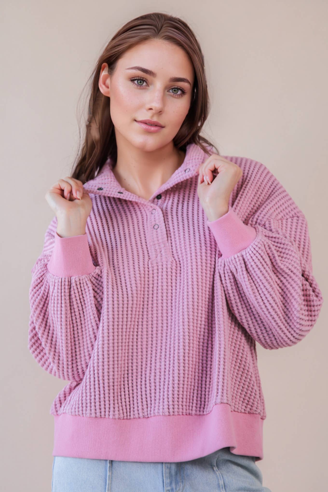 Oversized Button Waffle Top in Pink