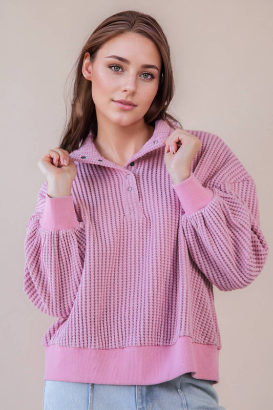 Oversized Button Waffle Top in Pink