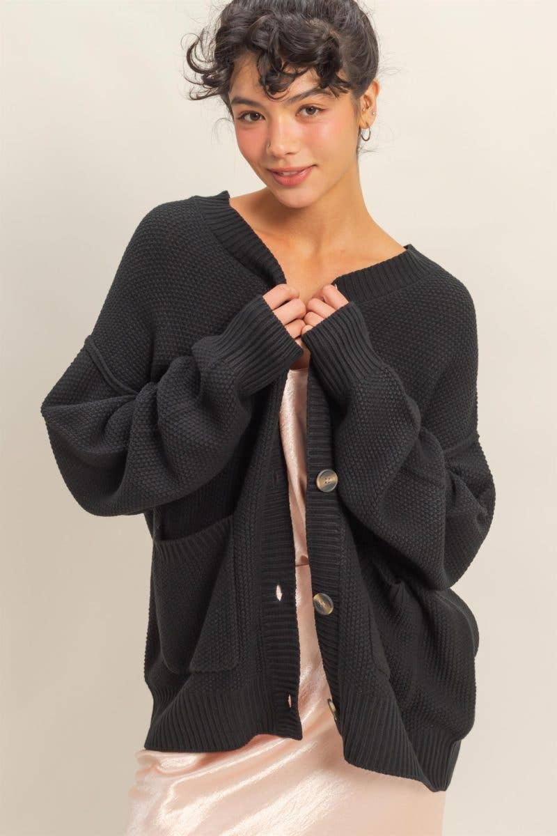 Button Oversized Cardigan in Black