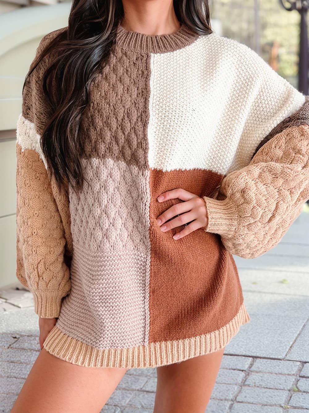 Texture Colorblock Sweater in Coffee