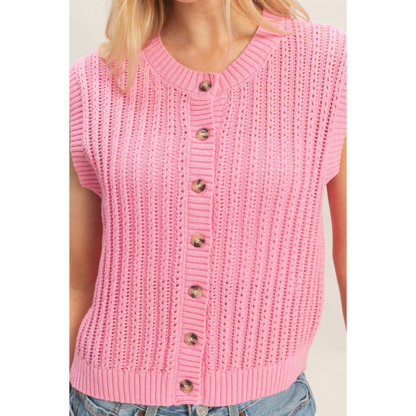 Ribbed Button Tank in Pink