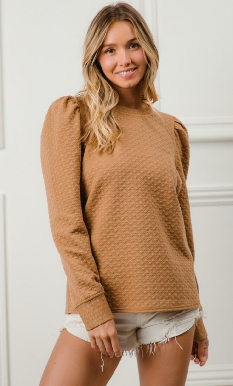 Embossed Puff Sleeve Top in Brown